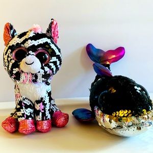 A Pair of Sequined Beanie Boo’s- Zoe Zebra & Disco Whale